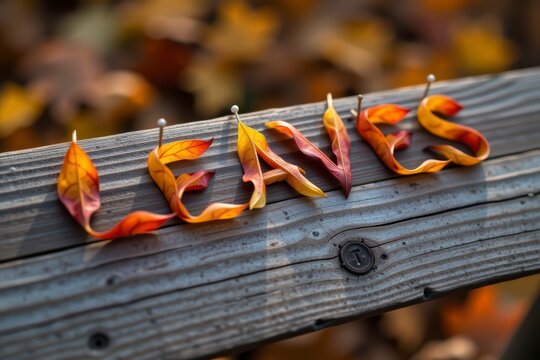 Autumn Leaves Shapes Word on Wooden Bench with Fall Colors and Copy Space