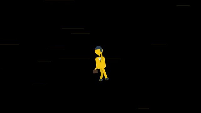 Minimalist yellow businessman in suit with briefcase walking against dark background with lines