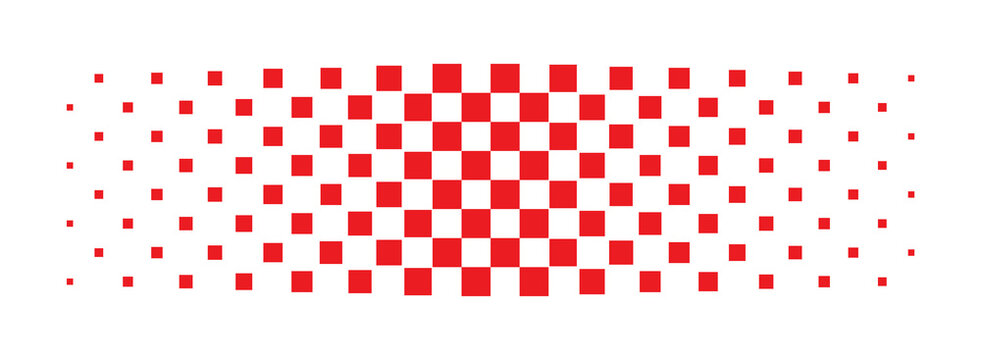Red halftone dot pattern with square pixels fading toward the edges. Modern geometric gradient texture for backgrounds and posters. Clean abstract digital design element for branding projects.