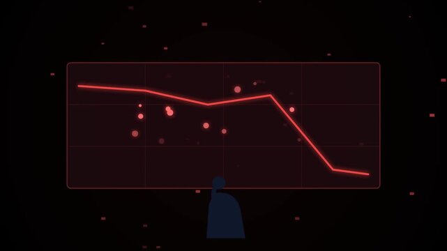 Red declining graph on monitor with abstract elements