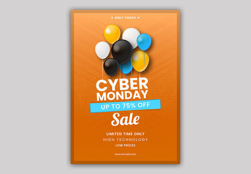 Editable Cyber Monday Sale Flyer with Up to 75 Percent Off on Orange Background.