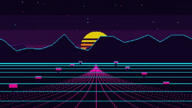 Retro Pixelated Grid Landscape with Sun and Mountains