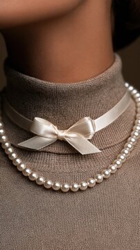 Woman wearing layered pearl necklaces and satin choker on turtleneck