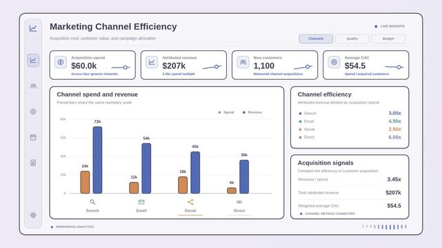 Marketing channel efficiency dashboard animation with campaign performance, acquisition cost, conversion metrics and ROI, clean SaaS motion graphic for digital marketing, growth and business analytics
