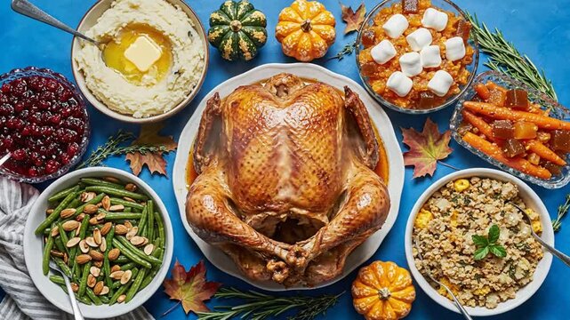 Festive Thanksgiving feast with a roasted turkey surrounded by traditional side dishes on a vibrant blue background