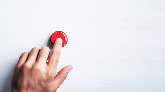 Hand pressing a red button, activating a control, representing a choice, decision, or urgent action