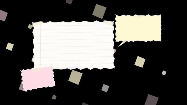 Torn paper notes and speech bubbles with scattered squares on black background