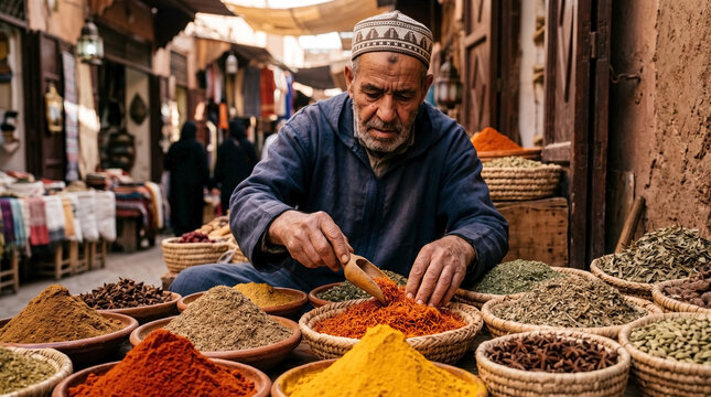 Moroccan spice market with seller arranging colorful spices in baskets, vibrant display of herbs and spices attracts visitors.