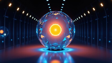 Fototapeta premium Futuristic tunnel showcases glowing sphere. Bright orange core radiates within crystalline structure. Dark backdrop emphasizes luminosity.