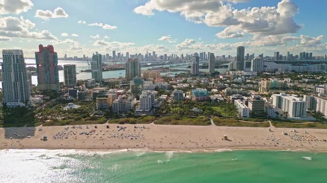 Summer holiday vibes on Miami. Miami city. Miami shoreline. Miami Beach skyline.