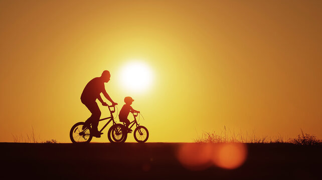 Father and son riding bicycles against a vibrant sunset, creating strong silhouettes. Representing family, childhood, and outdoor activity