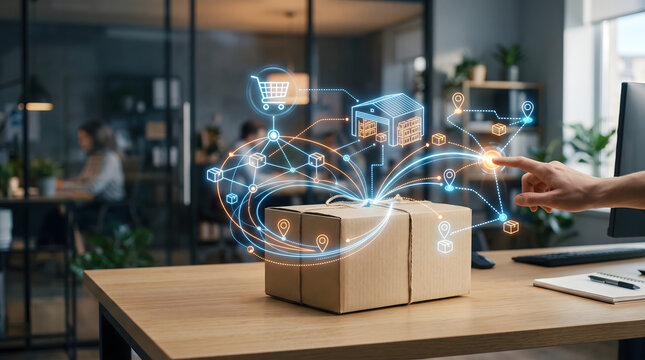 Person touching a digital hologram of a supply chain network above cardboard shipping boxes in an office