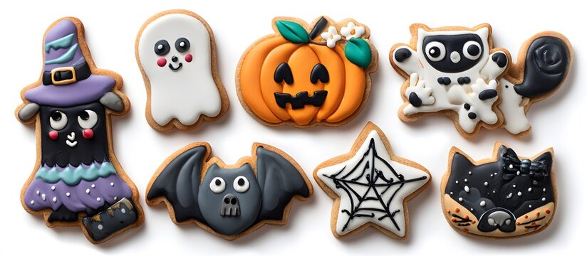 Set of adorable Halloween cookies with various spooky designs, isolated on a white background.