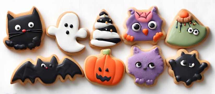 Set of adorable Halloween cookies with various spooky designs, isolated on a white background.