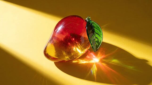 Glass mango sculpture refracting bright light.