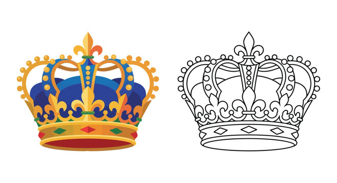 Royal crown illustration with colorful details and a corresponding line drawing