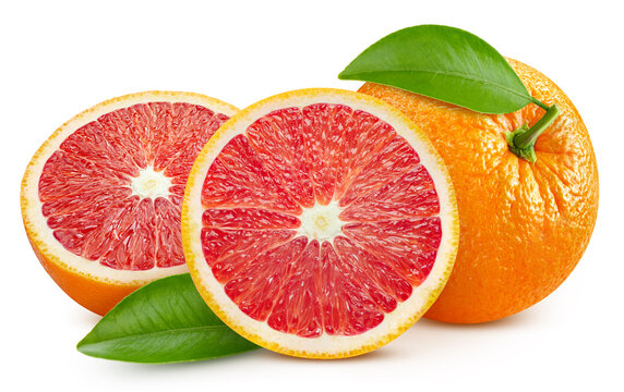 Orange with half. Juicy citrus fruit isolated on white background. Red orange with clipping path