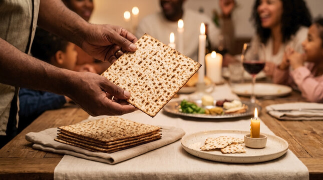 Passover matzo unleavened bread on festive table surrounded by family enjoying celebration. Traditional Passover meal includes matzo with candles and dinnerware, symbolizing unity during holiday.