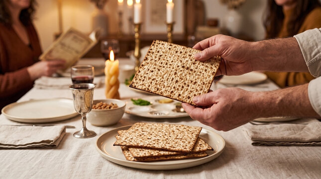 Passover matzo unleavened bread being served at dining table with candles and wine. Celebratory meal includes traditional foods such as matzo, wine, and nuts, creating a warm family atmosphere.