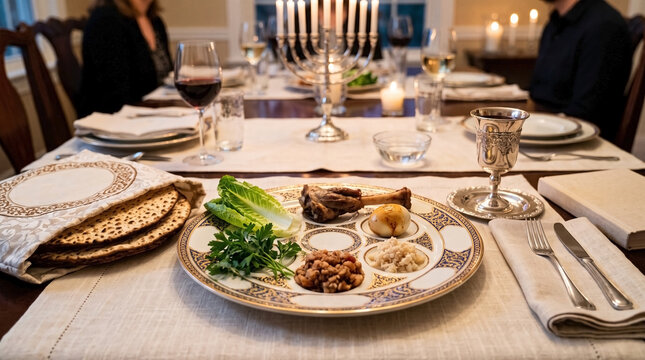 Passover seder plate with matzah and wine cup displayed beautifully on festive table. Passover seder features traditional food items including greens, beet, charoset, and roasted egg.