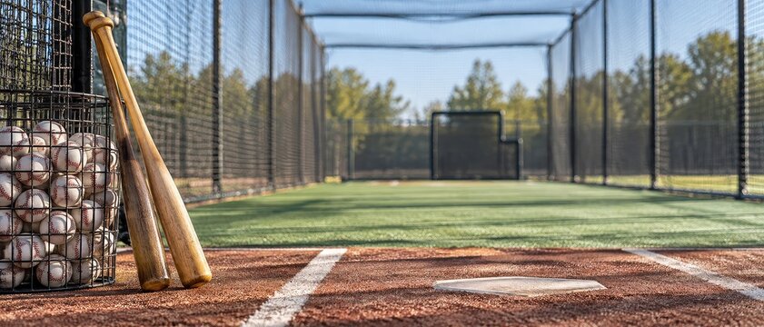 Wooden baseball bats and a basket of balls in a sunny outdoor batting cage