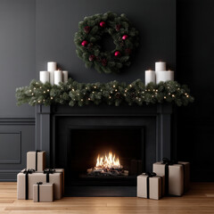 Fototapeta premium Christmas wreath pine garland candles fireplace wrapped gift black wall holiday cozy elegant