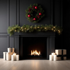 Fototapeta premium Christmas wreath pine garland fireplace candle gift black wall holiday cozy elegant festive warm winter