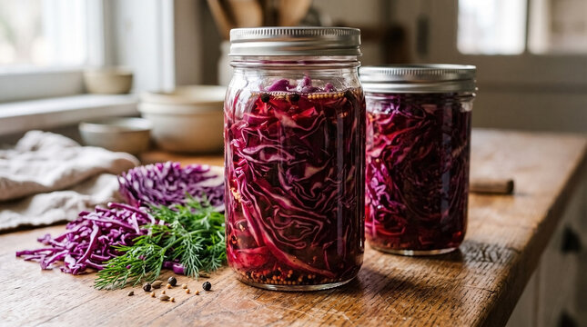 Pickled cabbage in glass jars with vinegar on wooden table, fresh red cabbage beside jars with herbs and spices. Delicious pickled cabbage for healthy meals and recipes for traditions in home cooking.