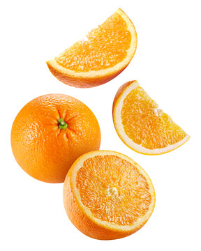 Fresh flying orange collection set in air isolated on white background with clipping path. Whole and sliced cut citrus in levitation for packaging. Full depth of field