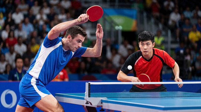 Intense ping pong match featuring players in action at tournament table. Fast-paced ping pong competition showcases skilled players with paddles and ball.