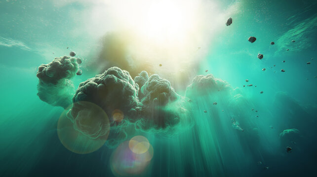 Underwater alien landscape with sun rays illuminating floating rocks and abstract cloud formations