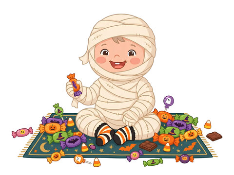 Cute smiling baby wrapped in toilet paper mummy costume with candy cartoon
