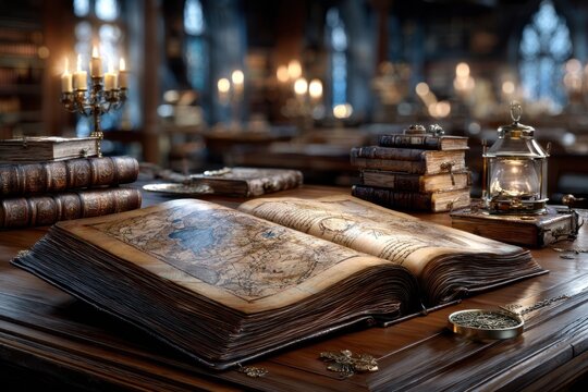 Ancient Map in Open Book on Library Table with Lantern