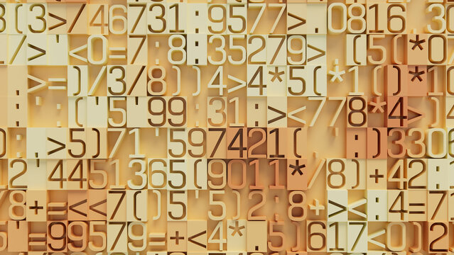 Vibrant 3D Text Blocks with Numbers and Symbols in Gradient Yellow, Orange, and Beige Tones, Abstract Digital Art with Textured Surface and Complex Arrangement