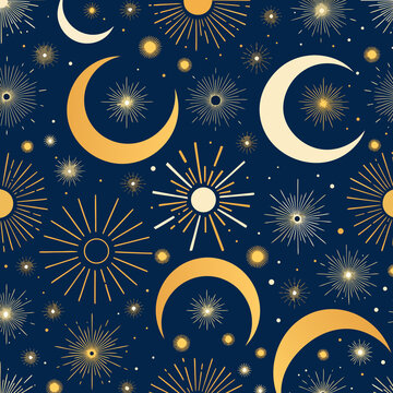 Seamless celestial pattern with golden crescent moons sunbursts and stars on navy blue background