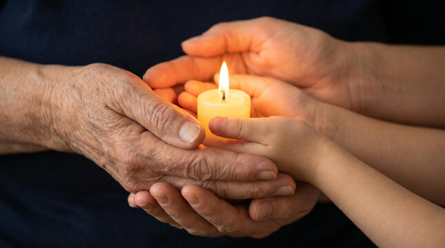 Hanukkah / Chanukah candle lighting, hands together, warm celebration