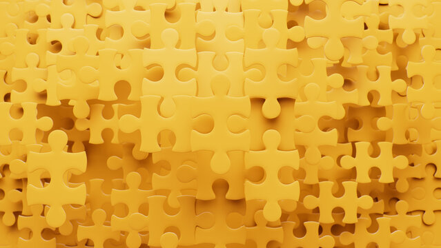 Yellow 3D Jigsaw Puzzle Background with Flying Pieces. Brainstorming Concept.