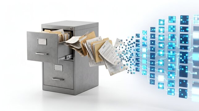 Filing cabinet transforming into digital data storage with futuristic