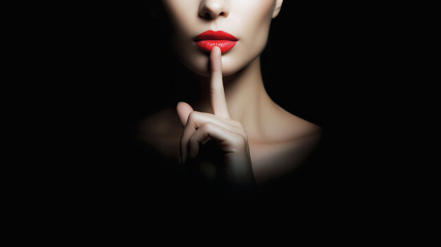 Woman making silence gesture with finger on vibrant red lips, embodying secrecy and discretion