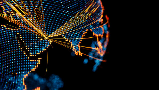 Striking Blue and Orange Globe Map 3D Illustration with Glowing Square Pixels and Trajectory Lines from Dubai over Middle East