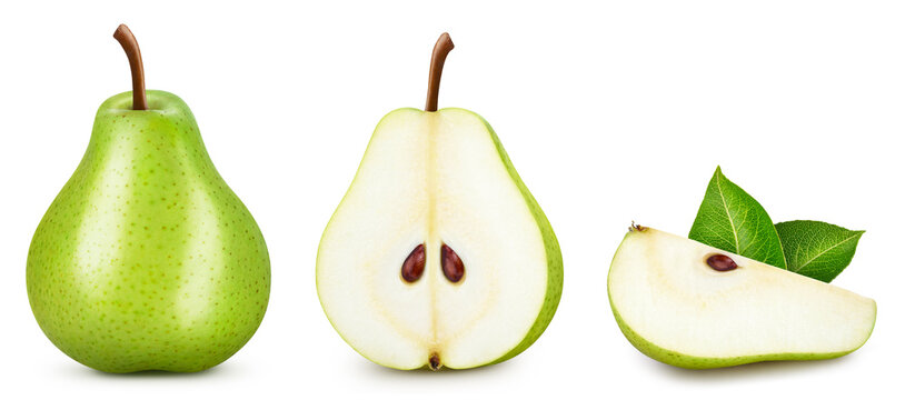 Organic farm pears with green leaves on white. Pear clipping path. Fresh pears whole and sliced fruits