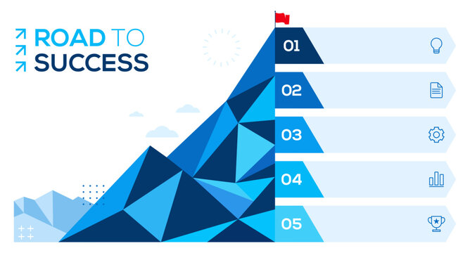Road to Success Business Infographic Template, Mountain Growth Strategy and 5 Steps Presentation Vector Design