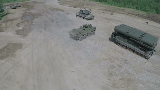 Aerial View of Tanks and Missile Launcher During Military Training Exercise