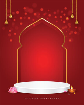 Red festive podium background featuring a golden arch, glowing diya, pink lotus, hanging bells and bokeh lights for Diwali, Durga Puja and Navaratri celebrations.
