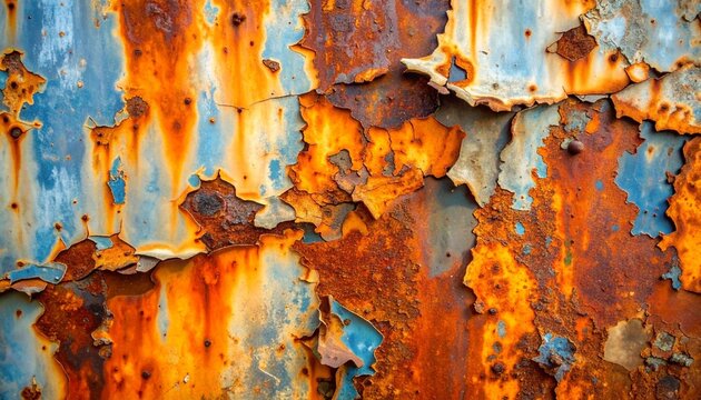 Weathered metal background with peeling paint and heavy orange rust texture