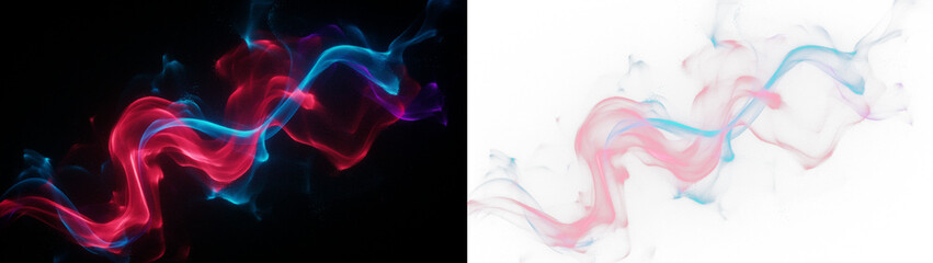 Fototapeta premium Abstract flowing smoke or liquid waves with vibrant red and blue particles, dynamic energy swirls and glowing light trails on black and transparent backgrounds