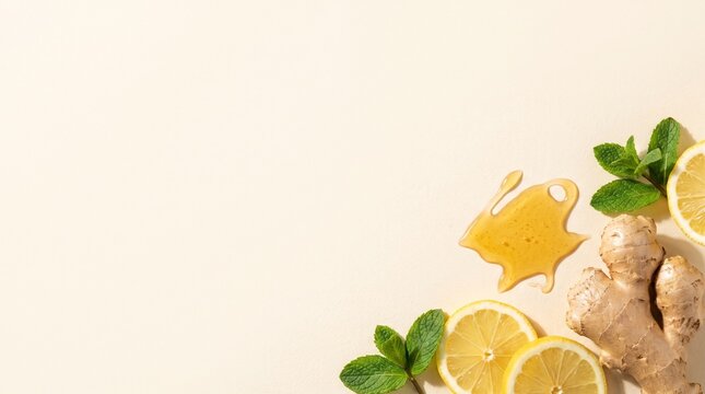 Fresh ginger lemon and honey ingredients on warm beige background with copy space