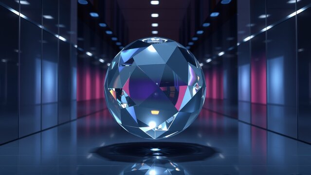 Floating crystal sphere dominates dark room. Reflections create symmetrical, futuristic ambiance. Blue, purple hues enhance dramatic effect.