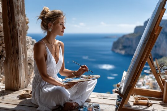 Artist captures coastal beauty with painting while sitting by cliffside in summer