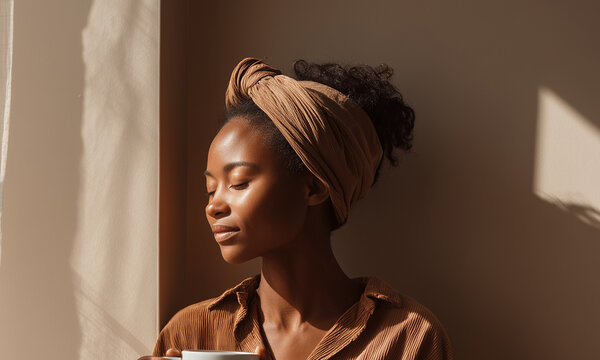 Young African woman with eyes closed holding cup near window with warm sunlight in cozy room.
